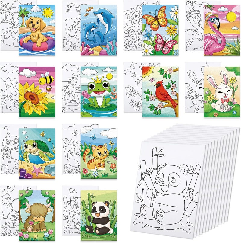 Anseal 12 Packs Pre Drawn Canvas to Paint, 5" X 7" Pre Printed Canvas for Kids, Pre Stretched Canvas Outline Painting Boards for Beginners, Students, Party Favor (Animal) - Image 1
